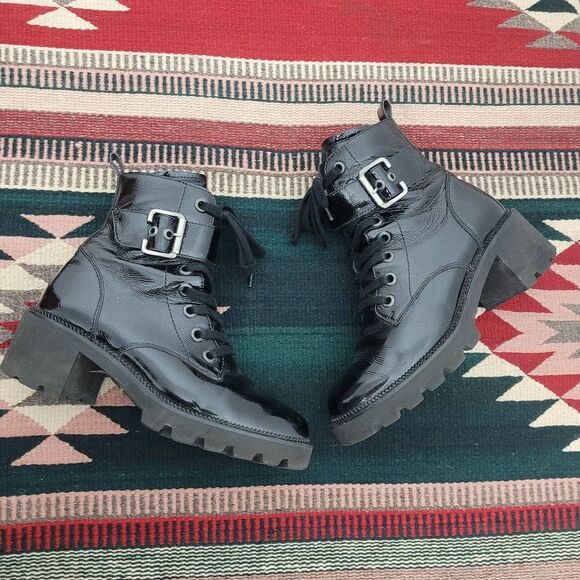 Paul Green Dynamite Block Heel Combat Boots Sz 7 Black Crinkle Patent Leather - Picture 1 of 13